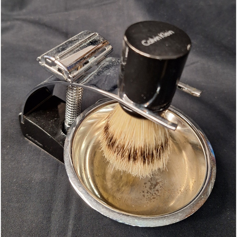 Calvin Klein Vintage Shaving Set Safety Razor Brush Bowl and Stand 4 Piece Kit